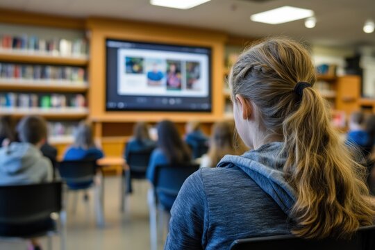 Girl watching presentation in library classroom
