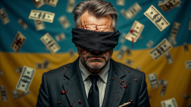 International Anti-Corruption Day. Businessman against the backdrop of the Ukrainian flag and dollars