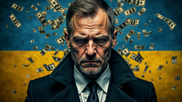 International Anti-Corruption Day. Businessman against the backdrop of the Ukrainian flag and dollars