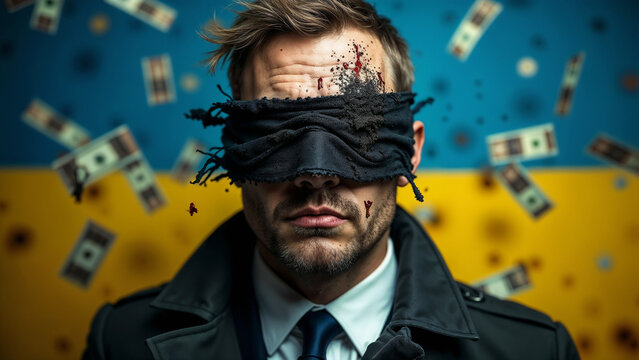 International Anti-Corruption Day. Businessman against the backdrop of the Ukrainian flag and dollars