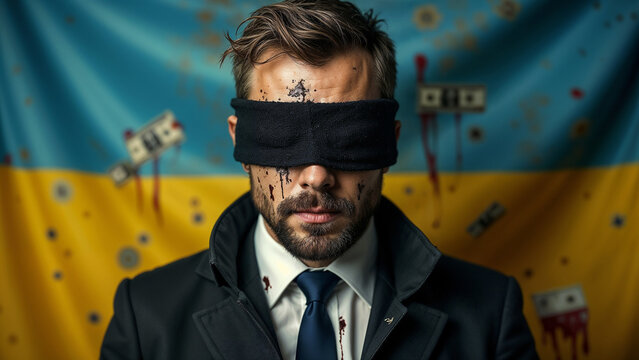 International Anti-Corruption Day. Businessman against the backdrop of the Ukrainian flag and dollars