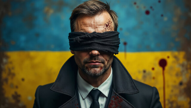 International Anti-Corruption Day. Businessman against the backdrop of the Ukrainian flag and dollars