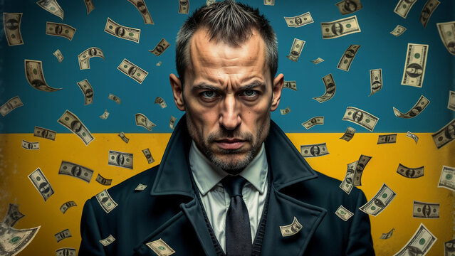 International Anti-Corruption Day. Businessman against the backdrop of the Ukrainian flag and dollars