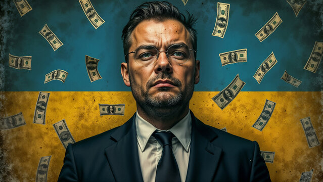 International Anti-Corruption Day. Businessman against the backdrop of the Ukrainian flag and dollars