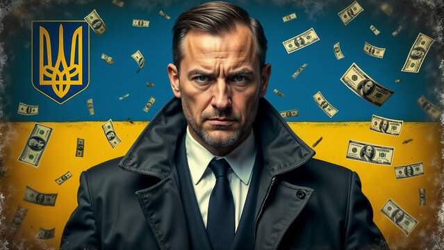 International Anti-Corruption Day. Businessman against the backdrop of the Ukrainian flag and dollars