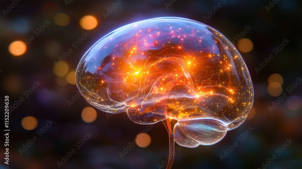 Poster glowing brain in transparent sphere, neural network concept.