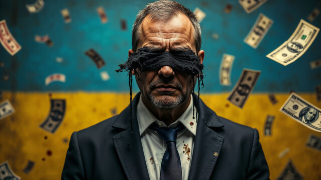 International Anti-Corruption Day. Businessman against the backdrop of the Ukrainian flag and dollars