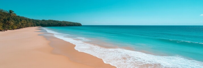 Obraz premium Tropical Beach Paradise - Serene beach, turquoise water, white sand, lush greenery, sunny day. Symbolising: relaxation, escape, tranquility, nature, summer.