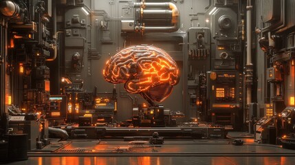 Glowing brain inside futuristic metallic machinery.