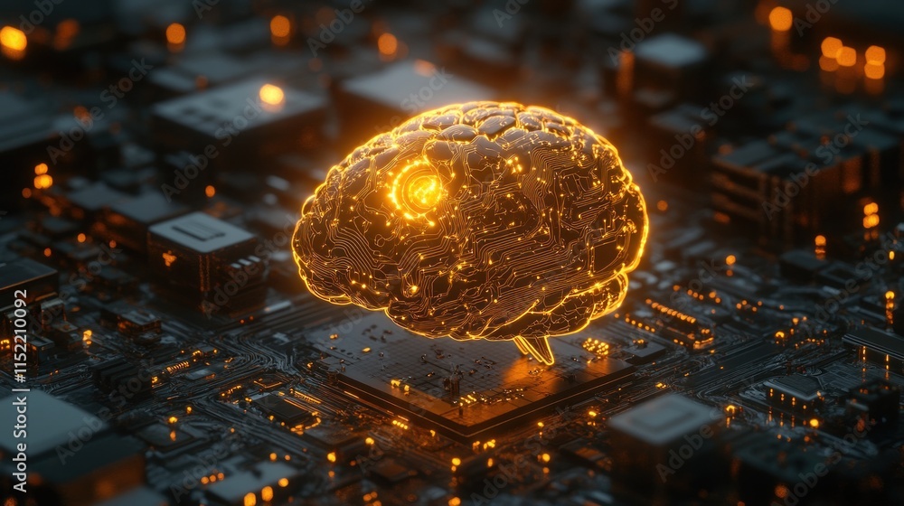Poster glowing brain model on a circuit board, representing ai and technology.