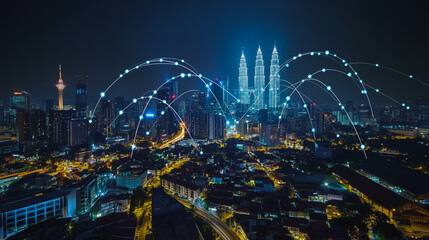 Obraz premium Smart digital city with connection cyber security network reciprocity over the cityscape . future smart wireless digital city and social media networking systems that connects people within the city