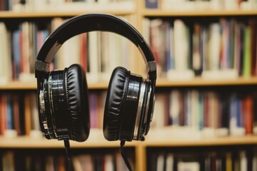 Black Headphones Resting Before Bookshelves