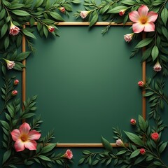 Thin golden frame on a green background among leaves and flowers
