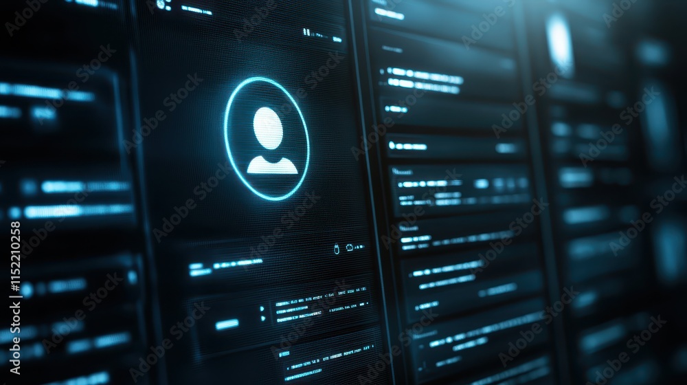 Poster glowing face on computer screen, digital art exploring mystery and technology