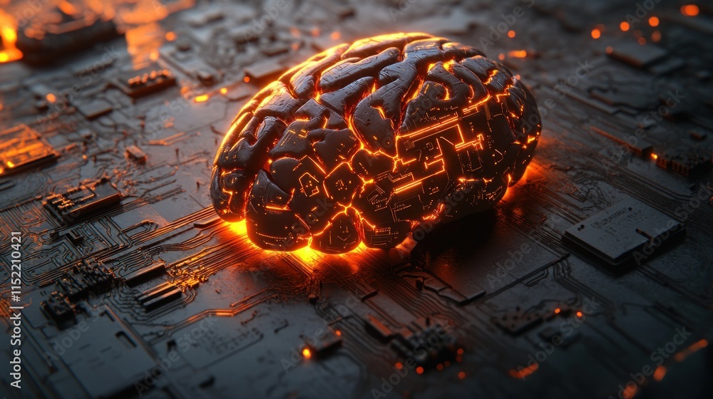 Poster glowing brain model on a circuit board.