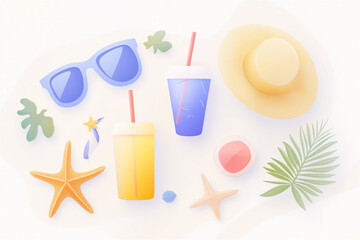 Flat lay of summer essentials including sunglasses, straw hat, fresh drinks, starfish, and tropical leaves arranged on a white background. Perfect for travel themes.