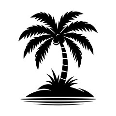 A stylized, black silhouette of a palm tree against a white background.