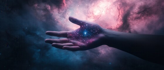 Fototapeta premium A cosmic hand reaches out, showcasing a galaxy of stars and colors, symbolizing the connection between humanity and the universe.