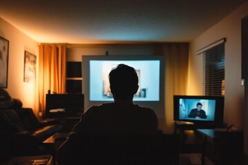 Man Silhouetted Watching Television Screen at Night