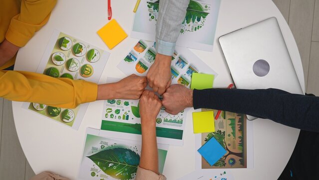 Top view creative project team meeting in boardroom at desk, discussing ecological project, presenting visual concept graphics, making team fist bump hand gesture.