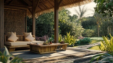 Obraz premium Serene bamboo patio with cushions, low table, tropical garden view.