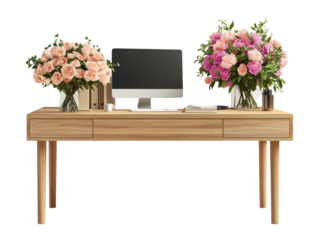 Realistic Office Desk with Flowers and Computer on Transparent Background