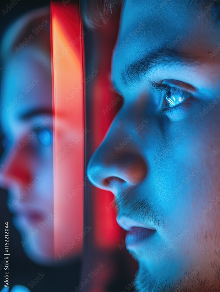 Poster a close-up of two faces illuminated by colorful lighting, creating a dramatic atmosphere.