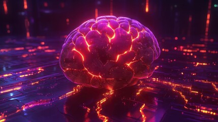 Obraz premium Glowing brain on a circuit board, representing AI and neural networks.