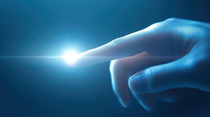 Illuminating touch, hand interacting with light on vibrant blue background, exploring themes of connection and energy