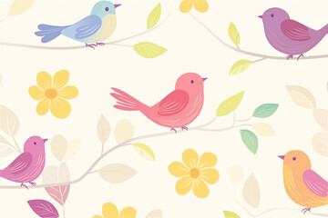 Naklejka premium Pastel bird and flower pattern with vibrant pink and yellow tones. Perfect for spring and summer themes with a playful and lighthearted touch.
