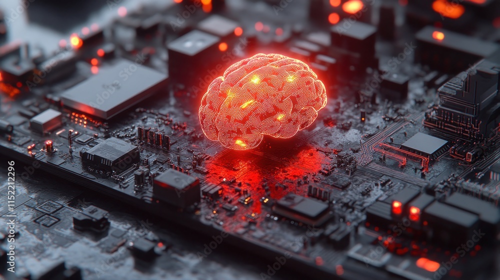 Aufkleber glowing brain on a circuit board, representing ai and technology. (2)