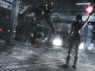 3d rendering of a fantasy female character holding a flare inside of a high tech lab to get the attention of a giant wolf like creature with armor