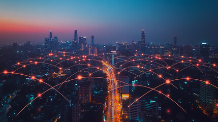 Smart digital city with connection cyber security network reciprocity over the cityscape . future smart wireless digital city and social media networking systems that connects people within the city