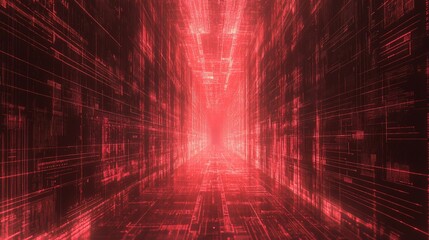 Red digital tunnel, glowing lines, abstract technology background.