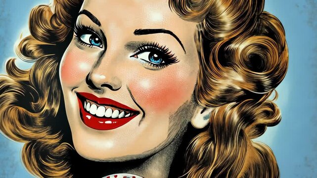 Vintage pin-up girl with vibrant red lips and cheerful expression showcases classic beauty in a retro style