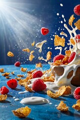 Experience the mesmerizing chaos of cornflakes cascading through the air, blueberry, raspberry, strawberry, milk splashing , splash white milk, no bowl, in creative blue morning room background