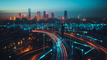 Fototapeta premium Smart digital city with connection cyber security network reciprocity over the cityscape . future smart wireless digital city and social media networking systems that connects people within the city