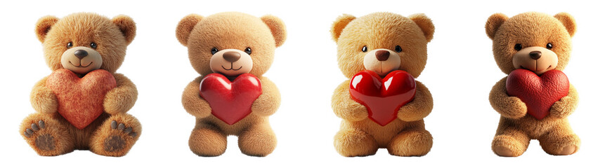 Cute Teddy Bears Holding Hearts on Transparent Background