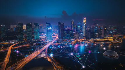 Obraz premium Smart digital city with connection cyber security network reciprocity over the cityscape . future smart wireless digital city and social media networking systems that connects people within the city
