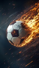Fototapeta premium Fiery Football on Black Dynamic Action, Swirling Flames, and the Energy of the Beautiful Game
