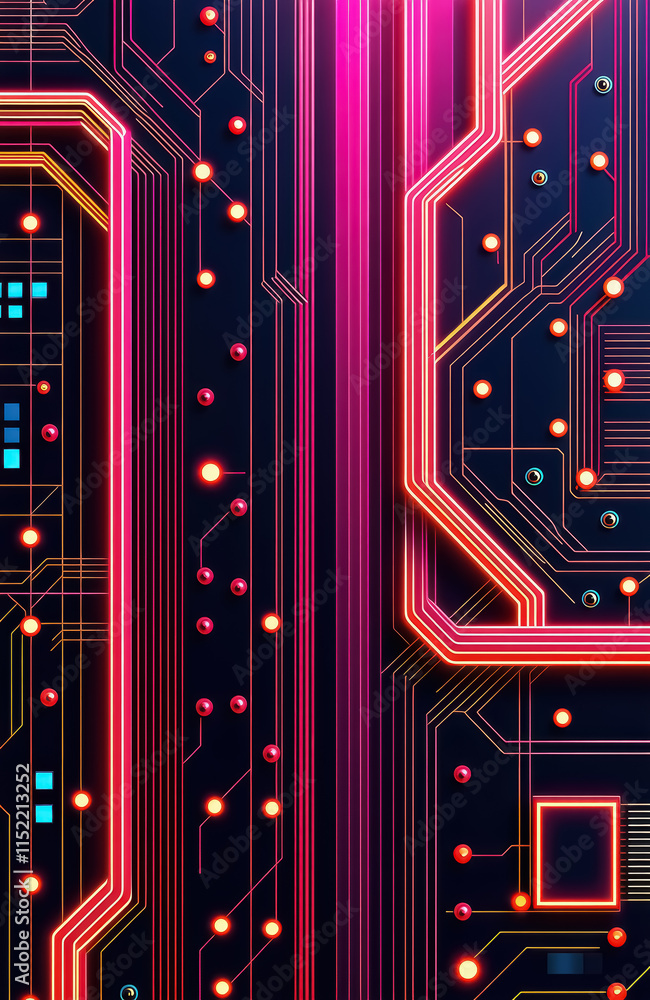 Aufkleber neon circuit board pattern with glowing red and orange lines on black background