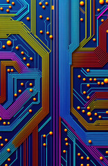 Colorful abstract circuit board with neon lines and orange nodes