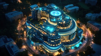 Night aerial view of a modern, circular building with pools and surrounding city lights.