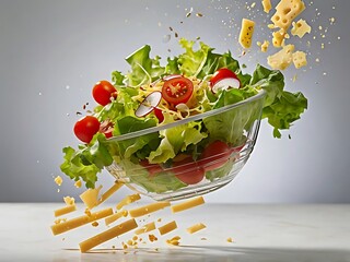 Ingredients for Caesar salad falling into bowl on white background