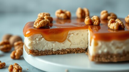 Rich caramel cheesecake topped with walnuts served on a white plate in a bright kitchen setting