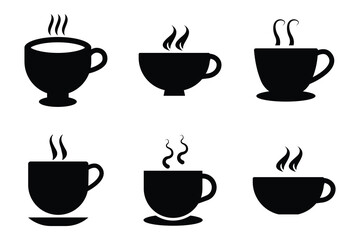 Coffee cup icon set. Cups of coffee tea collection. Hot drink icon. Disposable cup. Cup coffee with steam. Coffee vector icon set in black and white color.