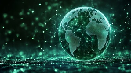 Obraz premium A digital globe showcases continents with a network of glowing nodes and lines, symbolizing connectivity and data exchange, set against a dark background.