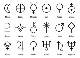 Set astrology and astronomy planet symbols. Outline icons, set of symbols for horoscope. sun, moon, mercury, Venus, mars, Jupiter, Saturn, Uranus, Neptune, Pluto, earth, vesta, Mystic planetary signs.