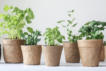 Green Plants Growing In Brown Pots On A Shelf