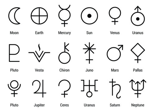 Set astrology and astronomy planet symbols. Outline icons, set of symbols for horoscope. sun, moon, mercury, Venus, mars, Jupiter, Saturn, Uranus, Neptune, Pluto, earth, vesta, Mystic planetary signs.